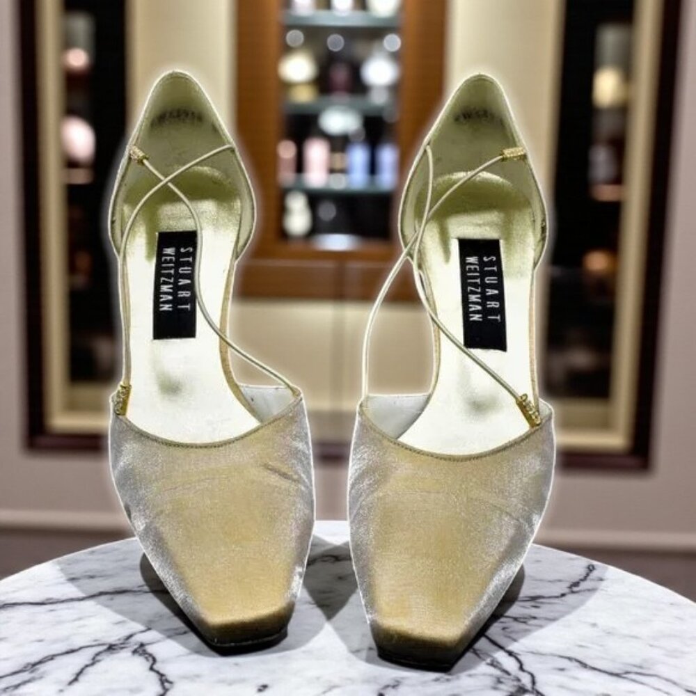 Stuart Weitzman Gold Lame & Rhinestone Mid Heel Formal